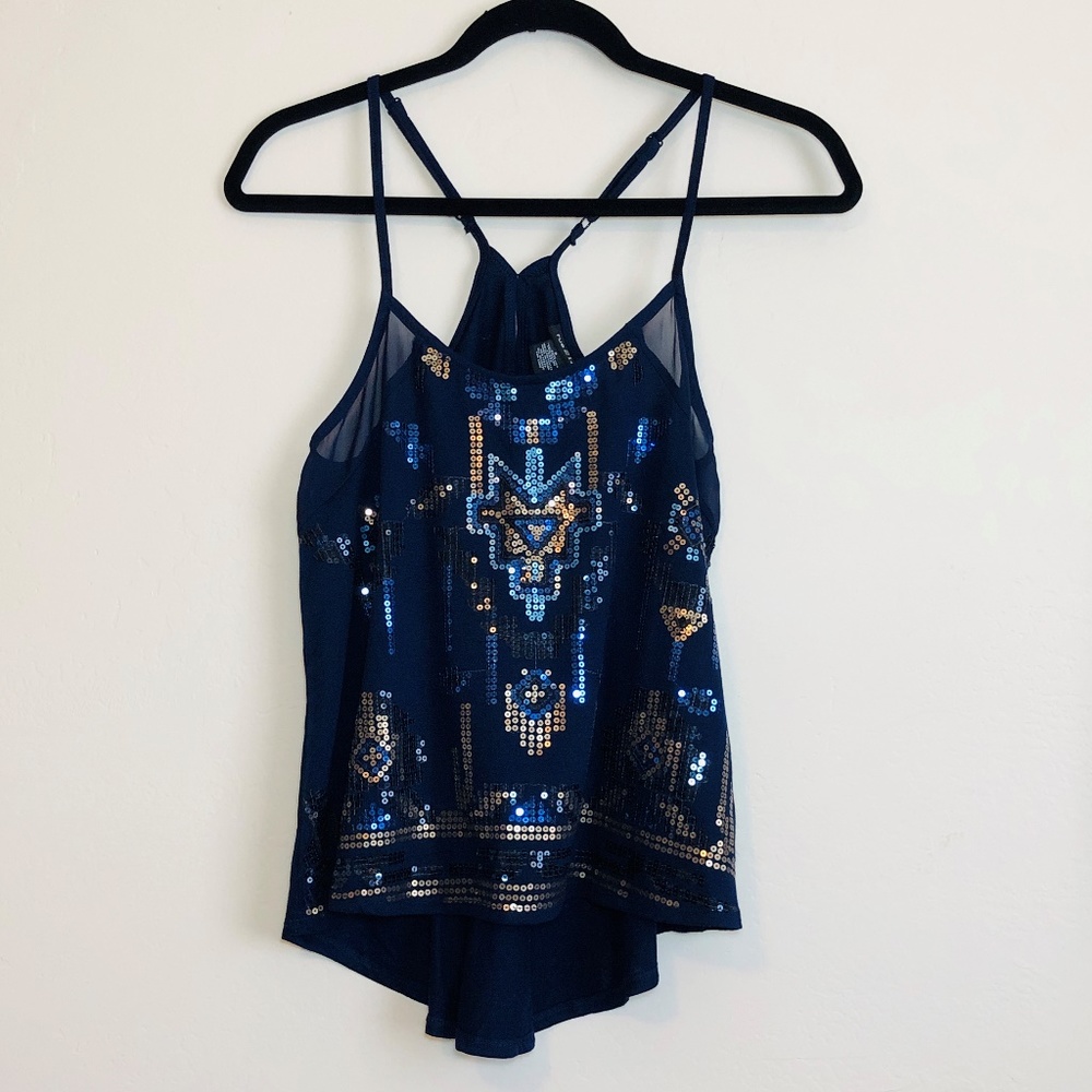 Rue21 Sheer Black Tank with Native Sequin Design